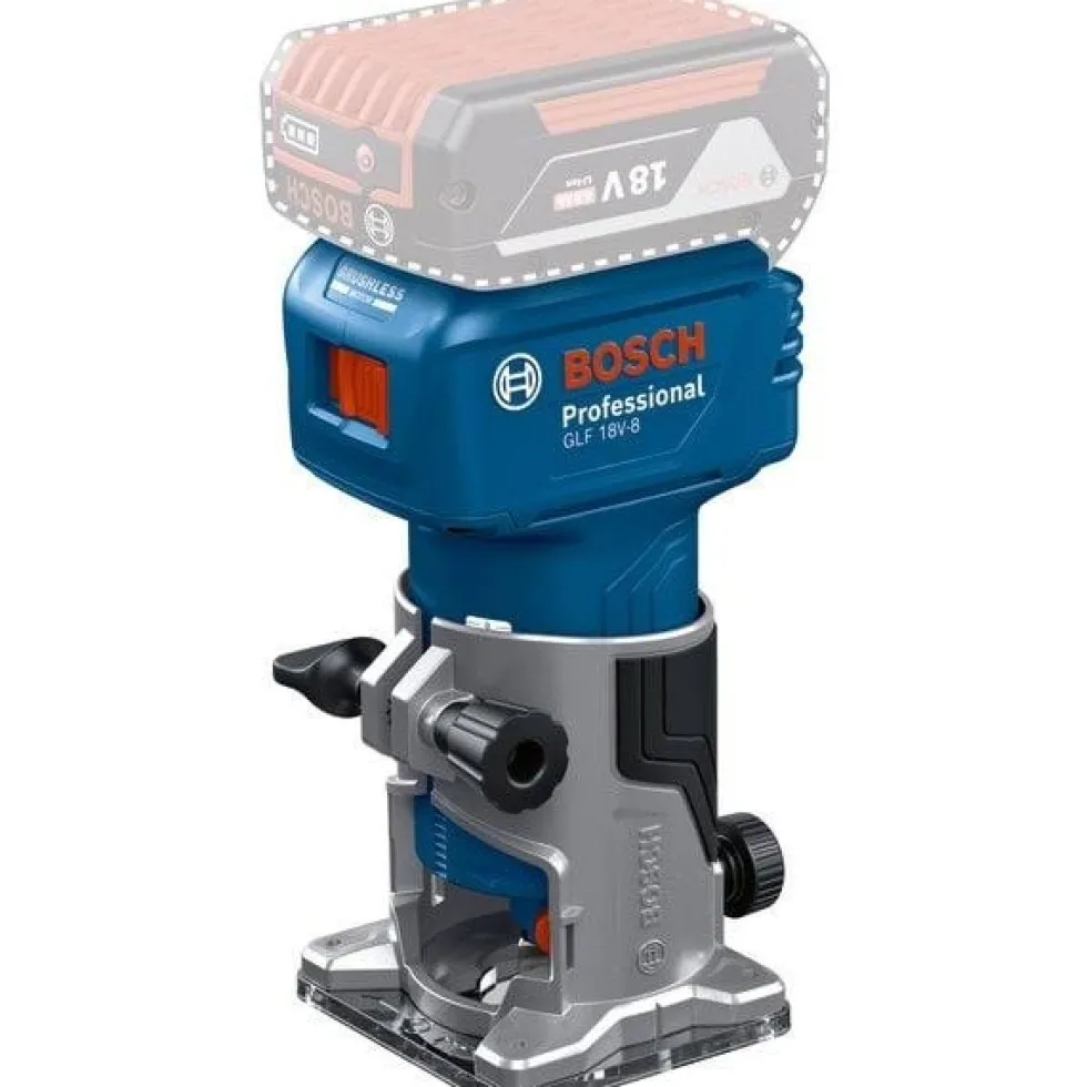 Bosch Professional Tupia de Canto sem Fio GLF 18V-8 com Calha Paralela,Guia de Corte à Face,Pinça 8mm,2 Adaptadores de Sucção (Plano e Angular) + Mala L-BOXX 136