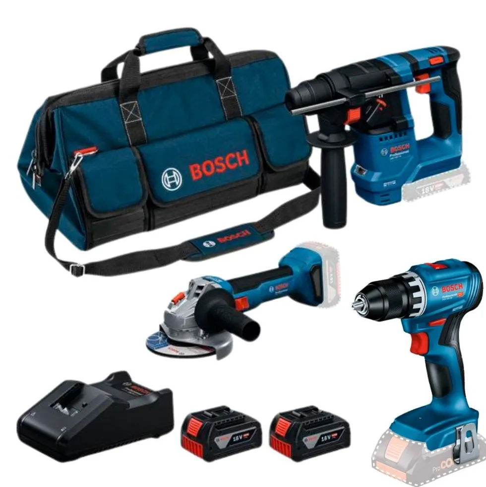 Kit Berbequim GSR 18V-45 + Martelo GBH 18V-18 + Rebarbadora GWS 18V-8 (125) + 2 Baterias 4,0AH Bosch