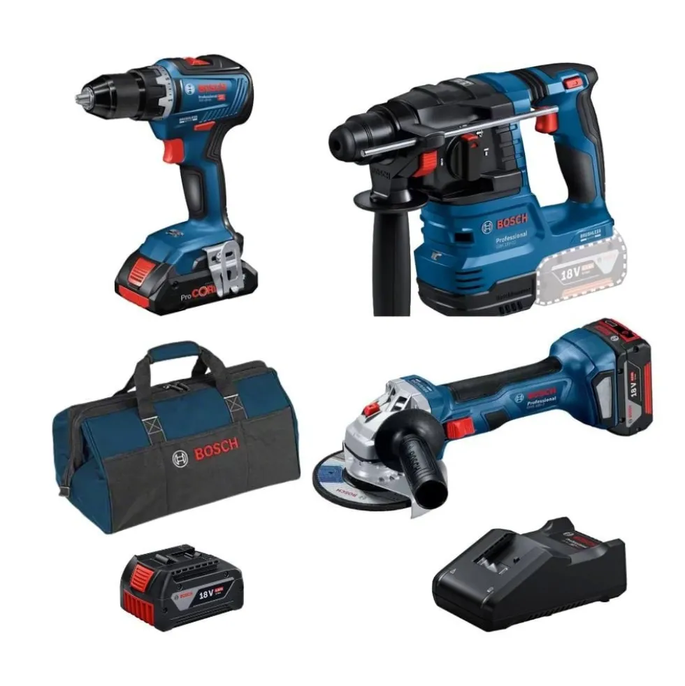 Kit 3 Máquinas GBH 18V-21 + GWS 18V-7 + GSB 18V-55 + Bateria 18V Bosch